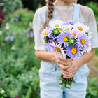 Person holding a colorful bouquet of Crego Mix China aster flowers with shaggy petals in a garden.