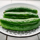 Three fresh Muncher cucumbers resting on a white, perforated enamel plate.