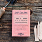 Family Pizza Night seed kit box with six white birch garden markers and a hand trowel on a wooden surface.