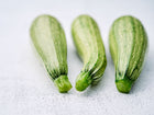 Three Genovese zucchini with pale green, ribbed skin arranged on a light textured surface.