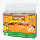 Three Coco Coir Bricks in a clear plastic package with an orange and green informational product label.