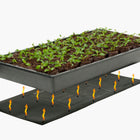 Germination Station 72-cell tray with seedlings hovering above a black waterproof heat mat with orange flame icons.