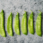 Six fresh, bright green Oregon Sugar Pod II snow pea pods arranged in a row on a textured grey stone surface.