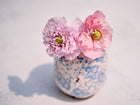 Two ruffled Red Peony poppy flowers in a blue and white patterned ceramic cup.
