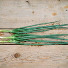 Three harvested Tokyo Long White bunching onions with long green stalks and white bases lying on a rustic wooden surface.