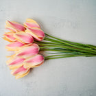 A bouquet of Blushing Lady tulips with soft pink and yellow elongated petals on long green stems against a grey background.