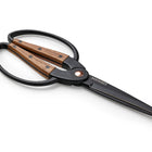 Large Walnut Garden Scissors with black steel blades and ergonomic wooden handles on a white background.