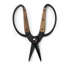 Small Walnut Garden Scissors with black steel blades and wooden handle grips on a white background.