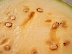 Close-up of the vibrant orange flesh and seeds of a sliced Tendersweet Orange watermelon.