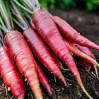 Freshly harvested Cosmic Purple carrots with deep violet skin lying on dark garden soil.