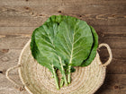 Freshly harvested Georgia Southern collard greens in a woven basket on a rustic wooden table.
