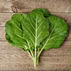 Freshly harvested Morris Heading collard greens with broad, blue-green leaves resting on a rustic wooden surface.