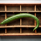Long, slender Striped Armenian cucumber with pale and dark green stripes resting in a rustic wooden crate.