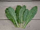 Freshly harvested Lacinato kale leaves with water droplets arranged on a grey wooden surface.