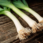 Three harvested American Flag leeks with white stems and blue-green leaves resting on a rustic wooden surface.