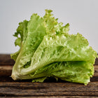 Fresh head of Iceberg lettuce with crisp, light green leaves resting on a rustic wooden surface.