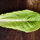 Single fresh green Little Gem lettuce leaf with visible veins resting on a dark rustic wooden surface.