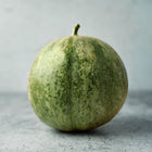 A single round Charentais melon with a smooth, gray-green mottled rind sitting on a textured gray surface.