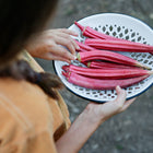 Person holding a white decorative bowl filled with freshly harvested, vibrant orange-red Jing Orange okra pods.