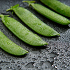 Fresh Laxton’s Progress #9 pea pods covered in water droplets on a dark, wet surface.