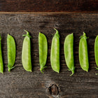 Freshly harvested Mammoth Melting Sugar snow pea pods lined up horizontally on a rustic dark wooden surface.