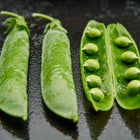 Two whole Tall Telephone pea pods and one opened pod with fresh green peas on a dark, wet surface.