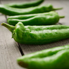 Fresh green Anaheim peppers arranged in a row on a rustic wooden surface.