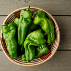 Fresh green Padron peppers piled in a small woven basket on a grey wooden surface.