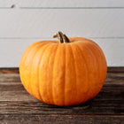 Round, orange Jack O'Lantern pumpkin with deep ribbing sitting on a rustic wooden table against a white wall.