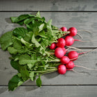 Freshly harvested Pink Beauty radishes with bright pink roots and green leafy tops on a grey wooden surface.