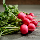Freshly harvested Pink Beauty radishes with bright pink skin and green leafy tops on a rustic wooden surface.