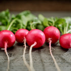 Five freshly harvested Pink Beauty radishes with bright pink skin and green tops arranged on a rustic wooden surface.