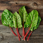 Ruby Red Swiss chard leaves with vibrant crimson stems and veins arranged on a rustic dark wooden surface.