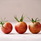 Three fresh Black Cherry tomatoes with dusky purple-brown skin and green stems on a light surface.