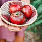 Hands holding a small woven basket filled with three ripe, mahogany-red Black Krim tomatoes.