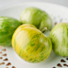 Green Zebra tomatoes with lime-yellow stripes and green skin resting on a white decorative plate.