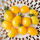 Freshly harvested Yellow Pear tomatoes with green stems arranged in a white decorative lattice bowl.