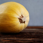 A single pale yellow Spaghetti winter squash resting on a dark, rustic wooden surface.